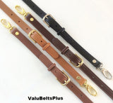 adjustable leather straps in black, brown, and tan colors with gold and silver tone hardware,