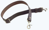 An image showing a brown leather adjustable convertible slide cross body bag strap with metal hardware.