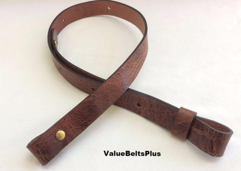Antiqued brown leather rifle carbine sling strap with Chicago screws, handcrafted in the USA by ValueBeltsPlus.