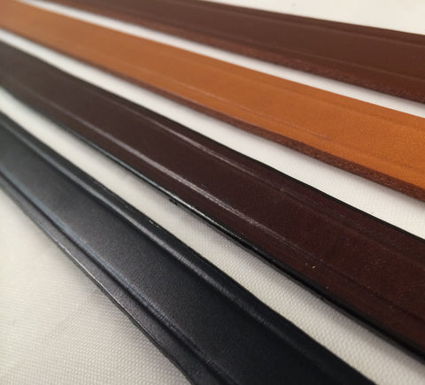 Finished leather strips in four colors. Edges are hand glazed for a professional finish with creased edges