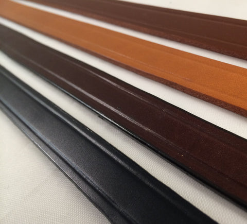 Finished leather strips in four colors. Edges are hand glazed for a professional finish with creased edges