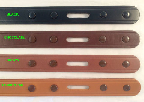 Four leather belt strips in different colors with snap-on buckles,