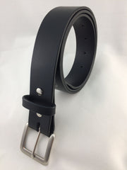 Black 1.5 inch wide leather belt with removeable brush silver buckle